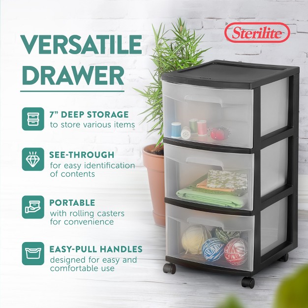 Sterilite 3 drawer Plastic Rolling Storage Cart Clear With Black Frame