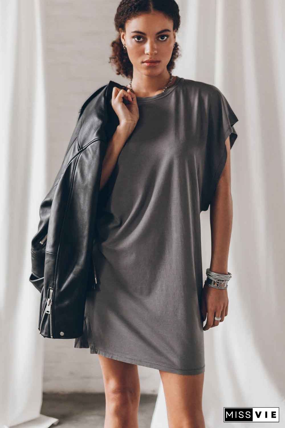 Gray Bat Sleeve T-shirt Dress with Slits