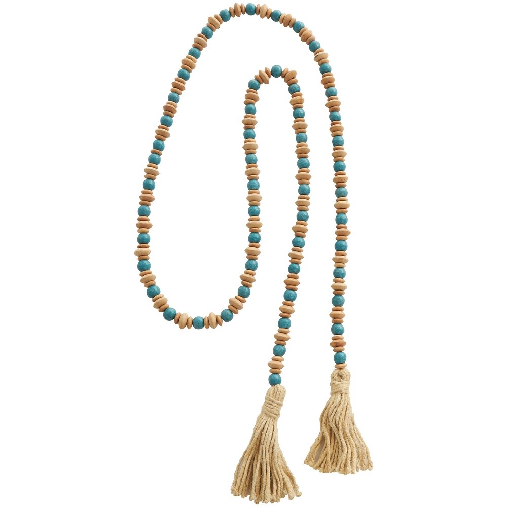 Teal Mango Wood Handmade Round Long Carved Beaded Garland with Tassel with Brown Beaded Disks