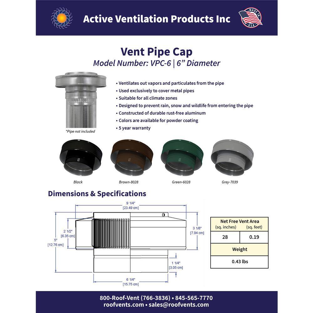 Active Ventilation 6 in. Dia. Aluminum Vent Pipe Cap in Mill Finish VPC-6