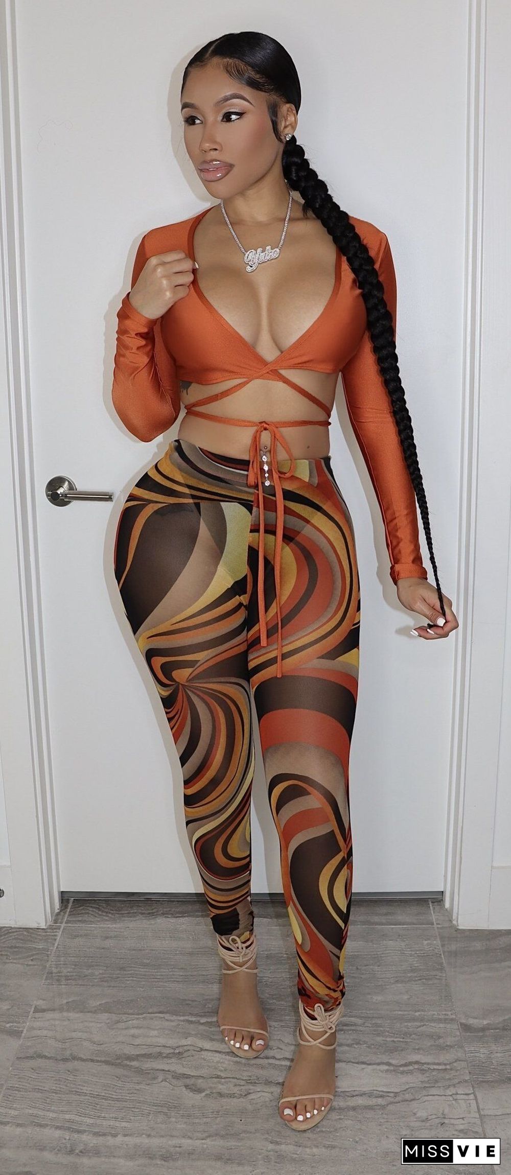 Low Cut Bandage Crop Top Bodycon Pants Set