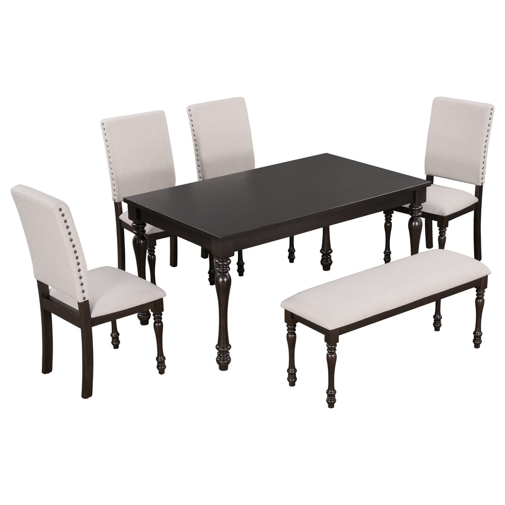 6 Piece Dining Table Set  Modern Rectangular Kitchen Dining Table Set  4 Upholstered Dining Chairs and Bench  for Dining Room