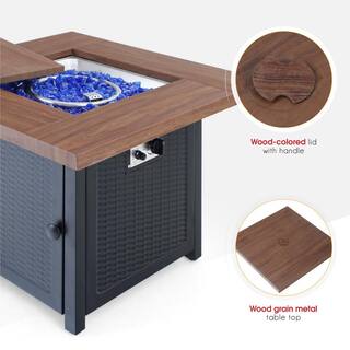 PHI VILLA 33.9 in. W x 25.2 in. H Square Wood-like Metal Steel Gas Fire Pit Table with Cover and 50000 BTU Burner THD-E02GS002