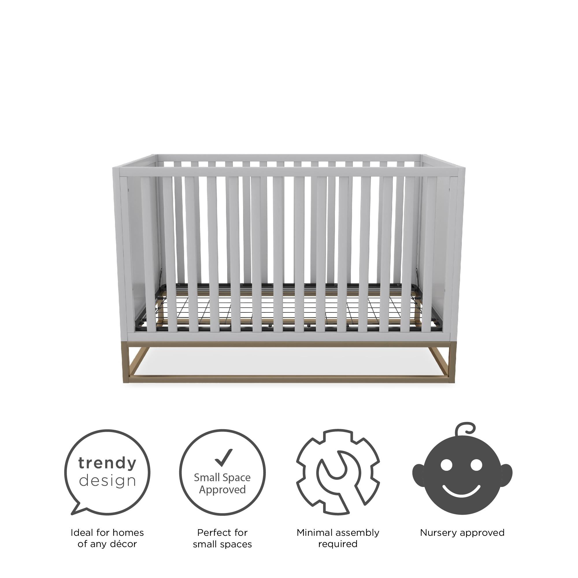 Little Seeds Haven 3 in 1 Convertible Wood Crib with Metal Base, Dove Gray with Gold Base