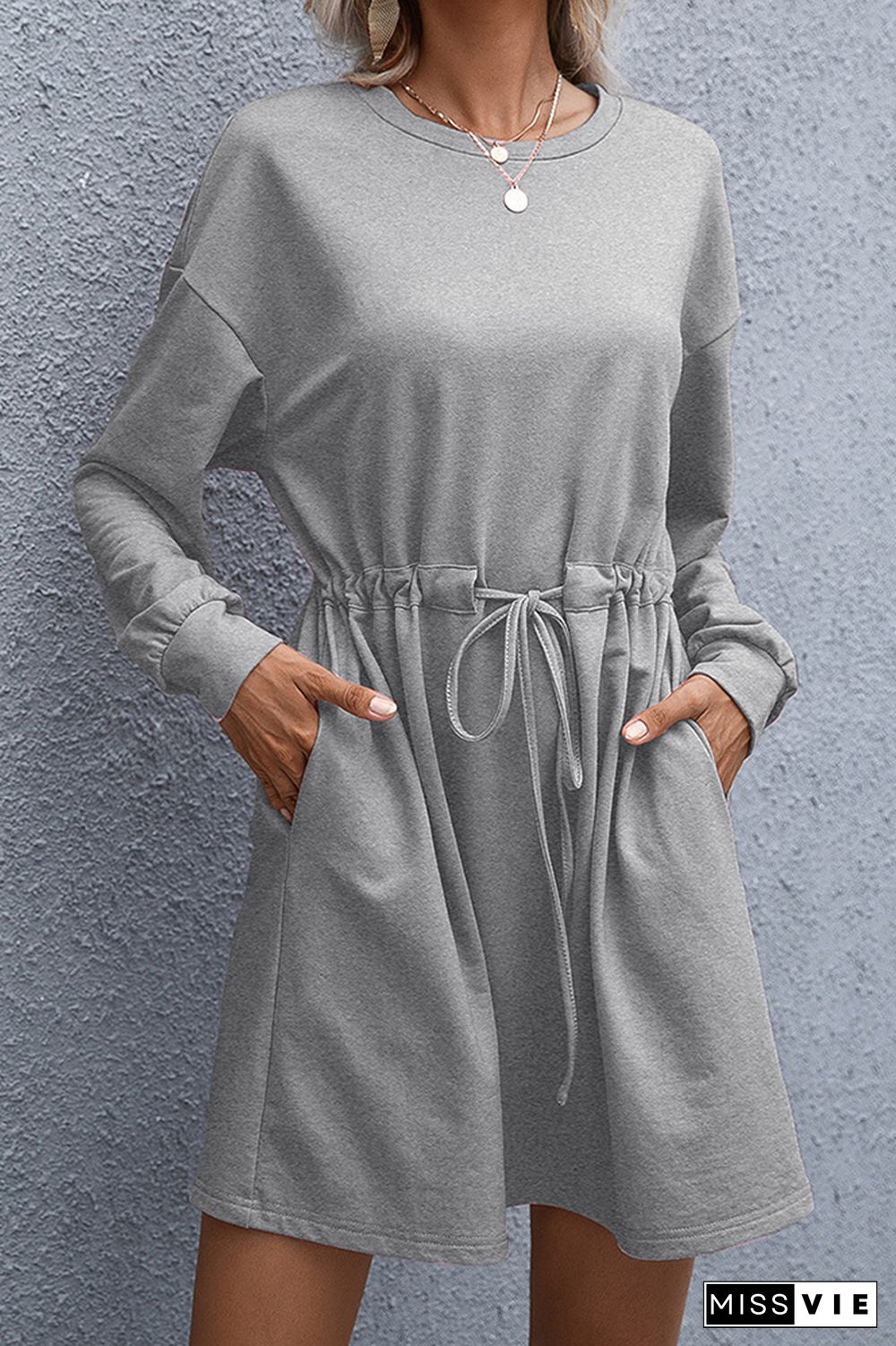 Solid Drawstring Long Sleeve Dress Women Wholesale