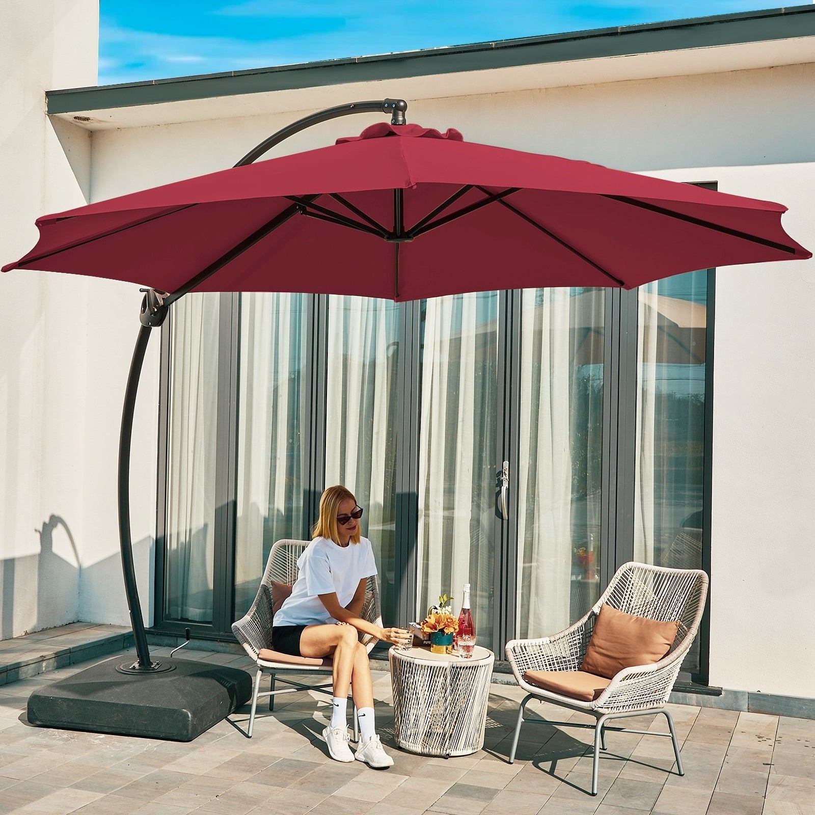 SERWALL 10ft Curvy Cantilever Offset Hanging Market Patio Umbrella with Base, Red