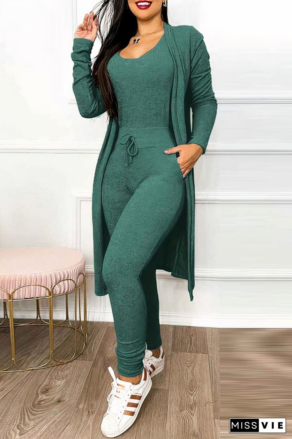 Solid Drawstring Waist Slant Pocket Jumpsuit & Coat Set