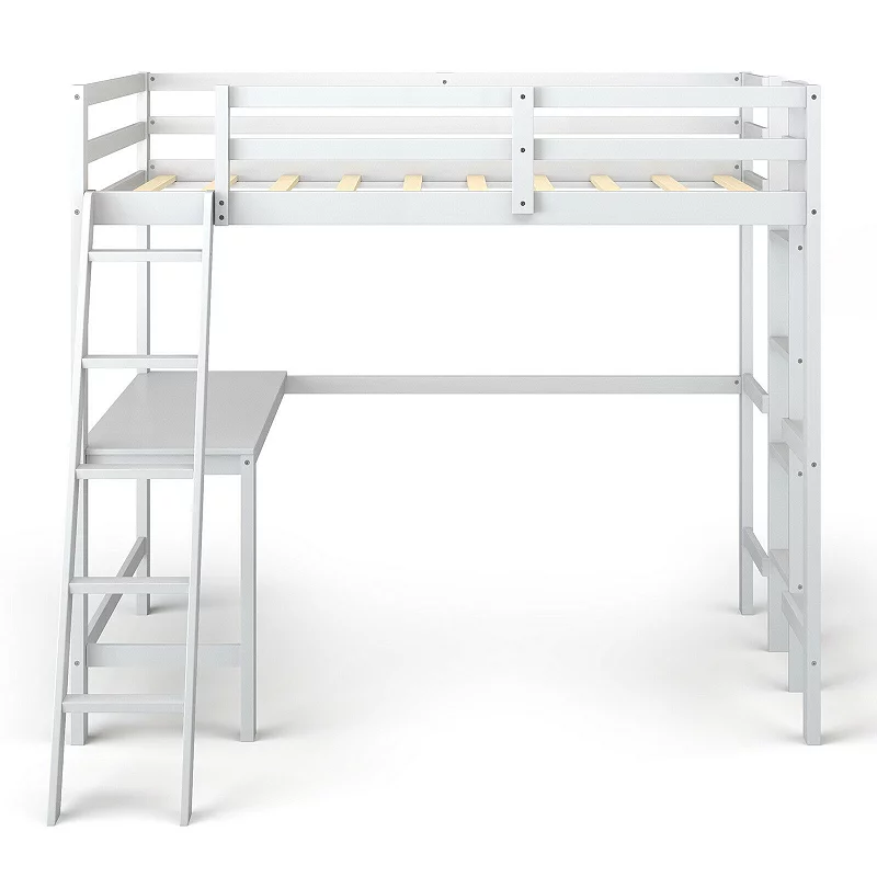 Twin Size Loft Bed Frame with Desk Angled and Built-in Ladder