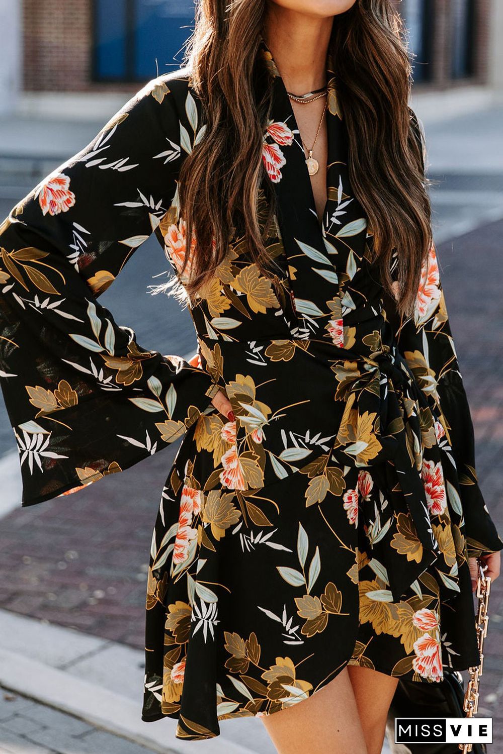 Black Palazzo Floral Ruffle Wrap Dress