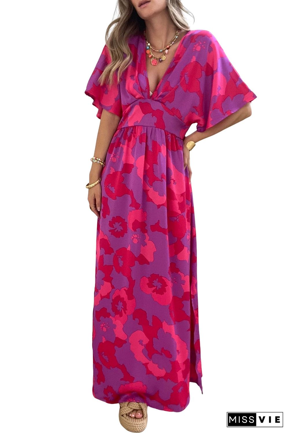 Rose Abstract Floral Print V Neck Dolman Maxi Dress