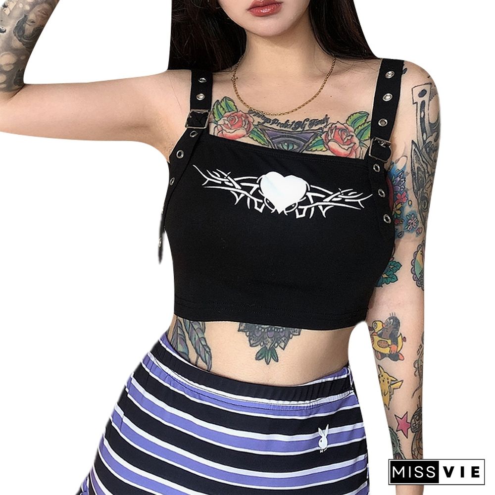 Gothic Crop Top Harajuku Heart Pattern Graphic T Shirts For Women Tee Anime Lolita Goth Sleeveless Camis Y2k Clothes