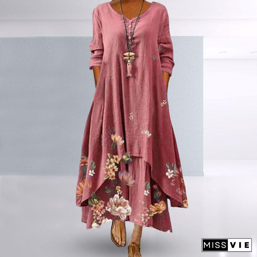 Women Casual Floral Print Long Sleeve Round Neck Double Layer Maxi Dresses Floral Casual Ethnic Style Loose Long Dress