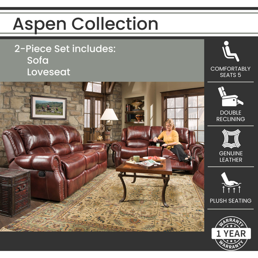 Aspen 100% Genuine Leather 2 Piece Sofa and Loveseat Set  Oxblood   Transitional   Living Room Furniture Sets   by Almo Fulfillment Services  Houzz