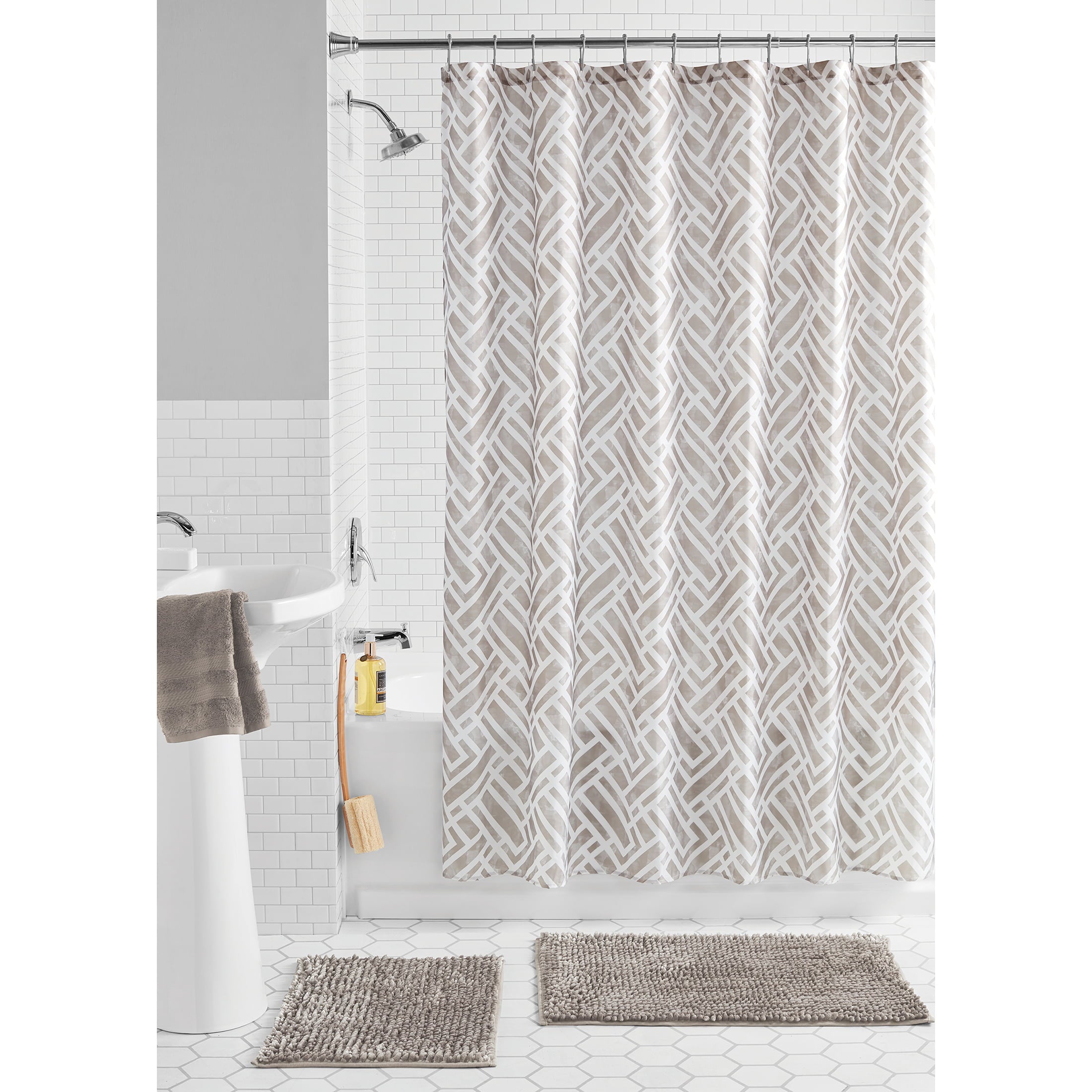 Mainstays 15-Piece Geometric Polyester Shower Curtain Set， Beige