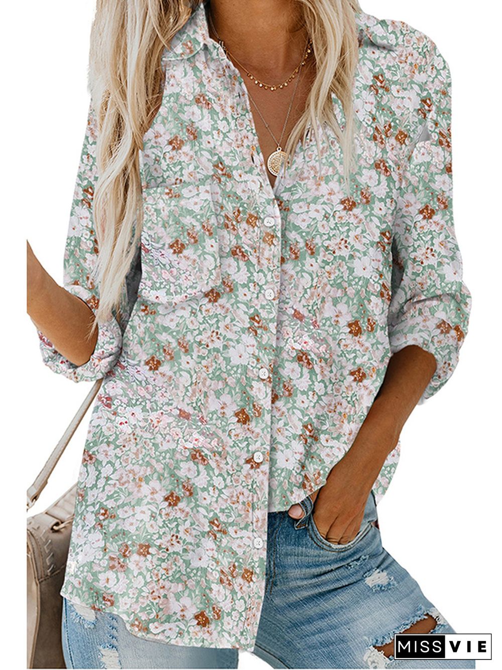 High-Low Long Sleeves Buttoned Flower Print Pockets Lapel Blouses&Shirts Tops