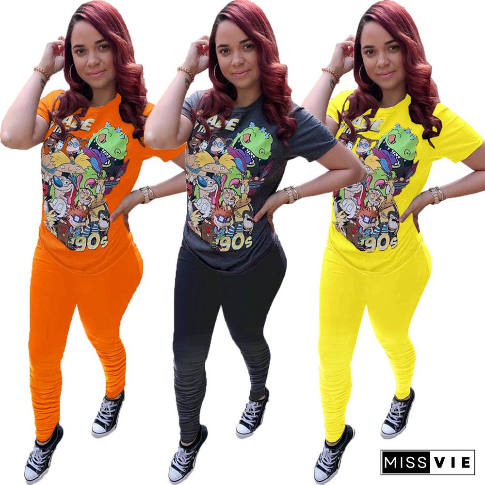 Stylish Cartoon Printed Short Sleeve Sporty Two Pieces Pants Set