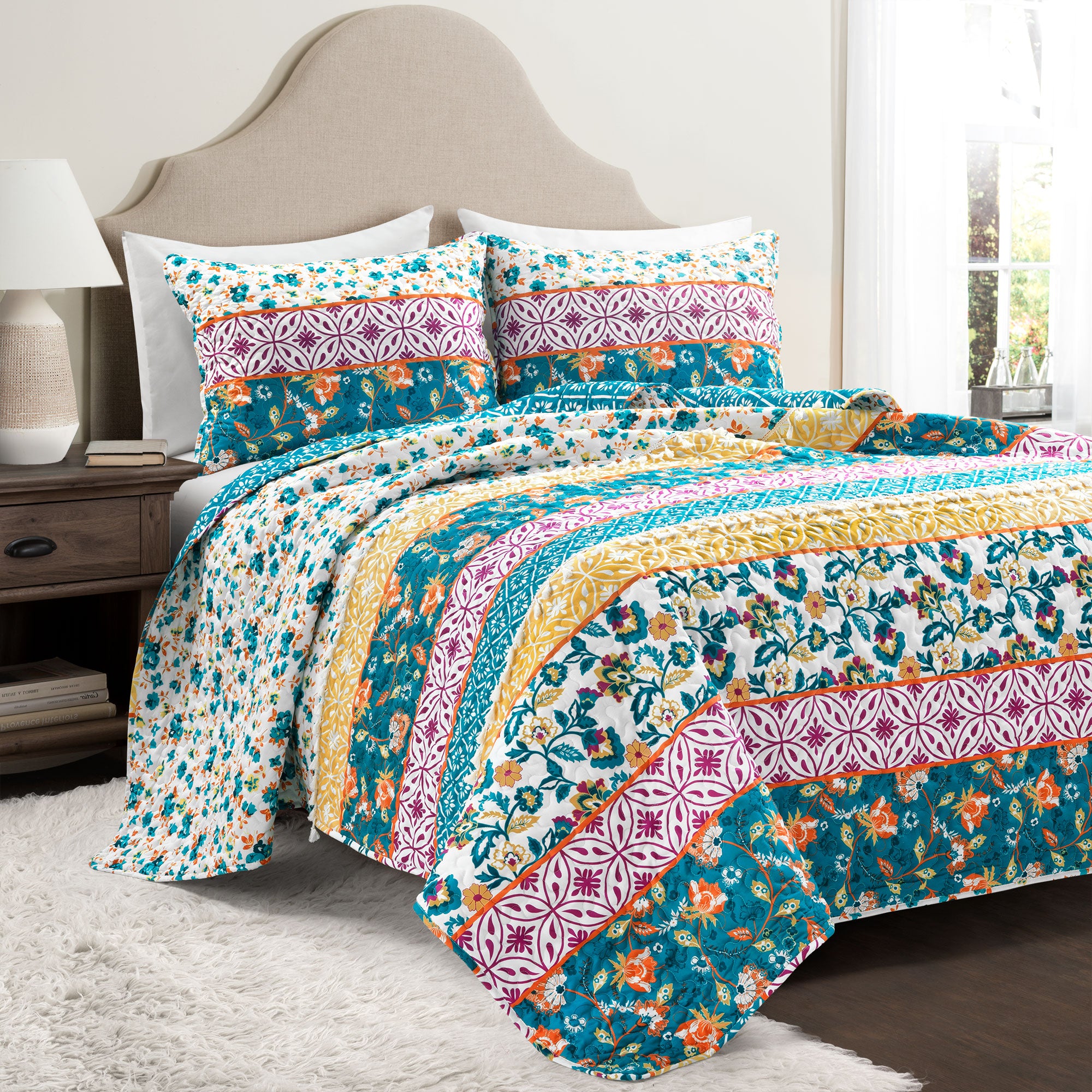 Bedding Bundle: Emily Boho Stripe Quilt Set + Waffle Cotton Knit Blanket