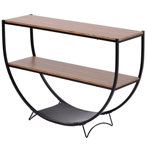 Demilune Shape Textured Metal Distressed Wood Console Table