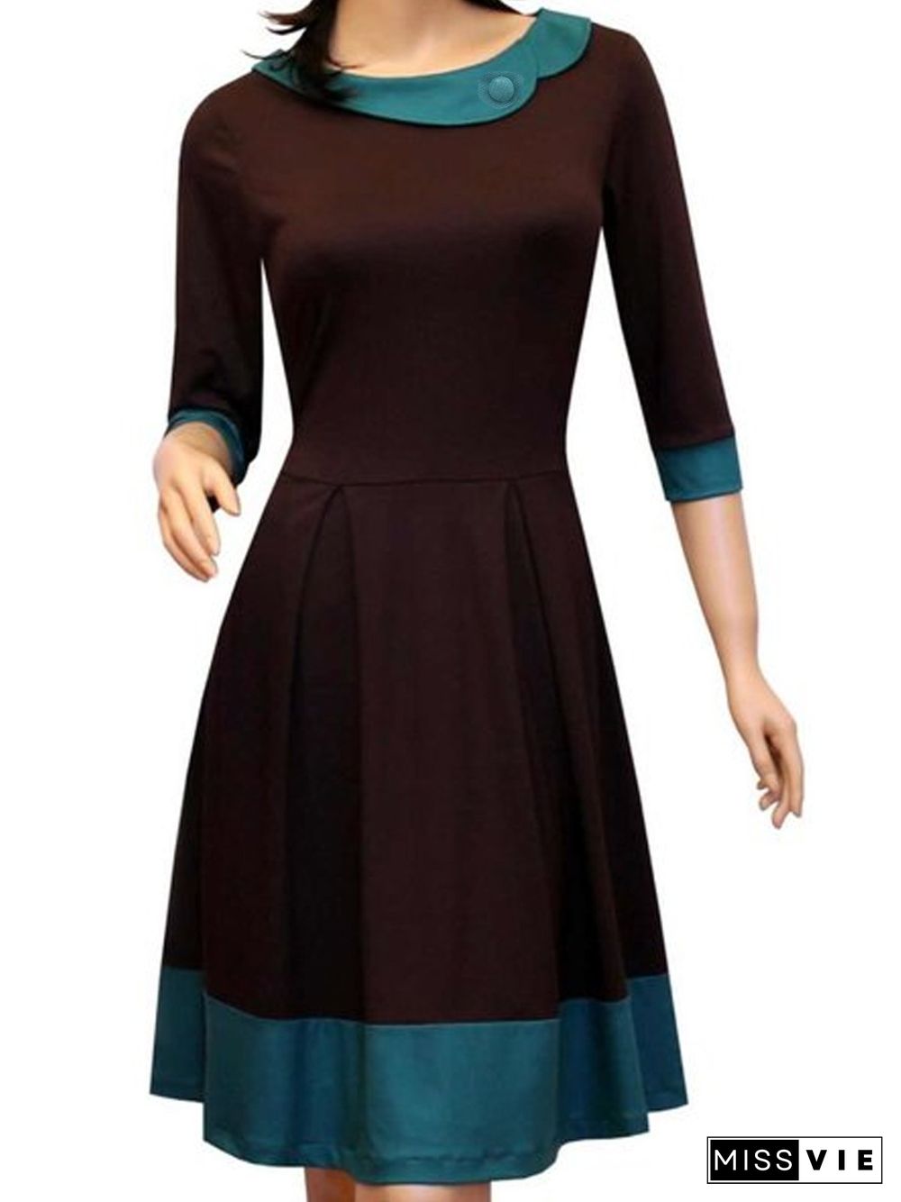 Coffee Crew Neck Casual Plus Size Knitting Dress