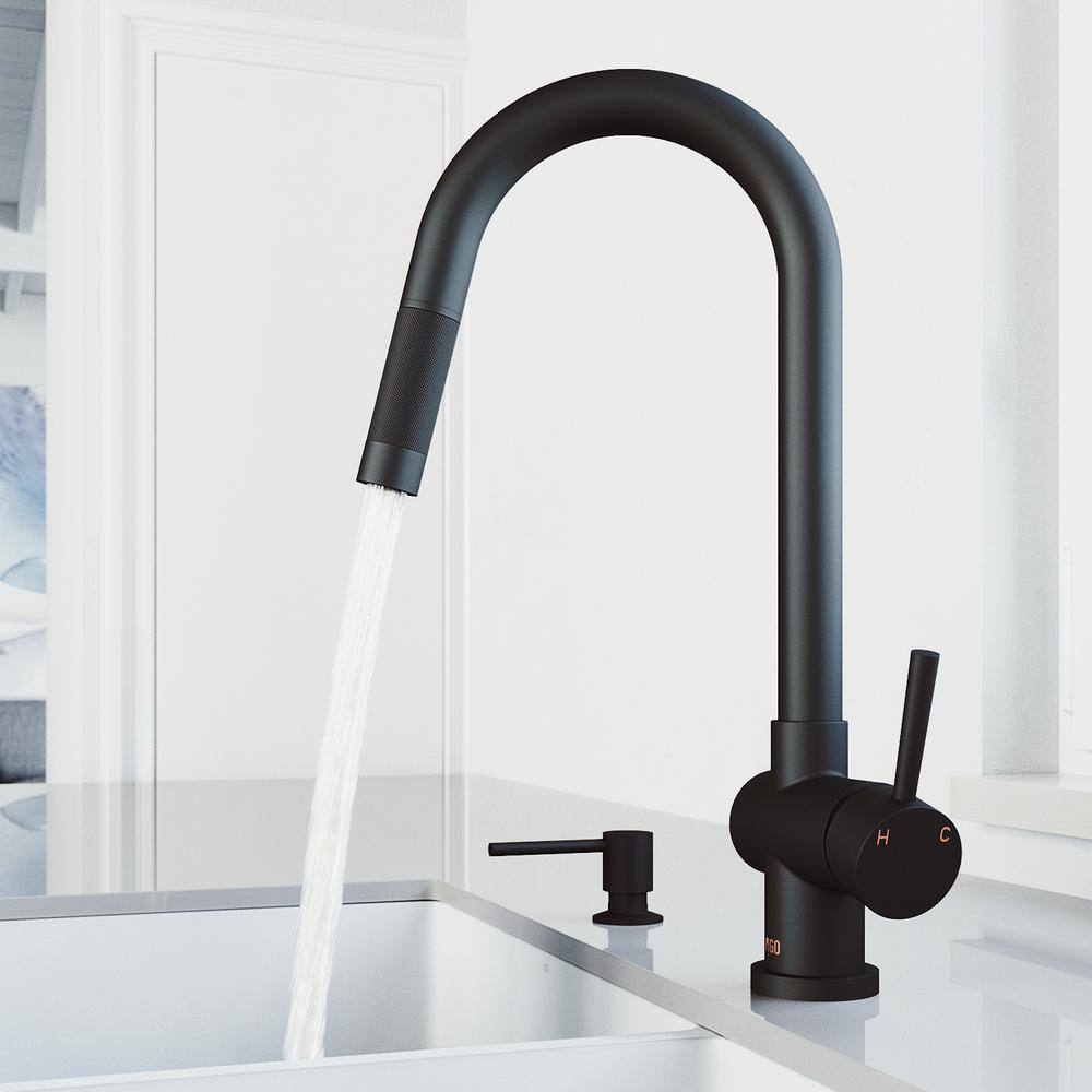 VIGO Gramercy Single Handle Pull-Down Spout Kitchen Faucet Set with Soap Dispenser in Matte Black VG02008MBK6