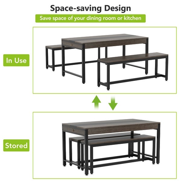 3 Piece Industrial Dining Table Set with Bench and Sided Drawer for Kitchen