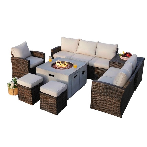 7Piece Patio Brown Rattan Wicker Conversational Sofa Set with Fire Pit Table and Storage Box