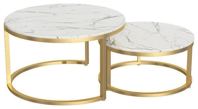 Modern Round Coffee Table Gold Metal  ampWhite Marble Accent Table with Set of 2   Contemporary   Coffee Table Sets   by Homary International Limited  Houzz