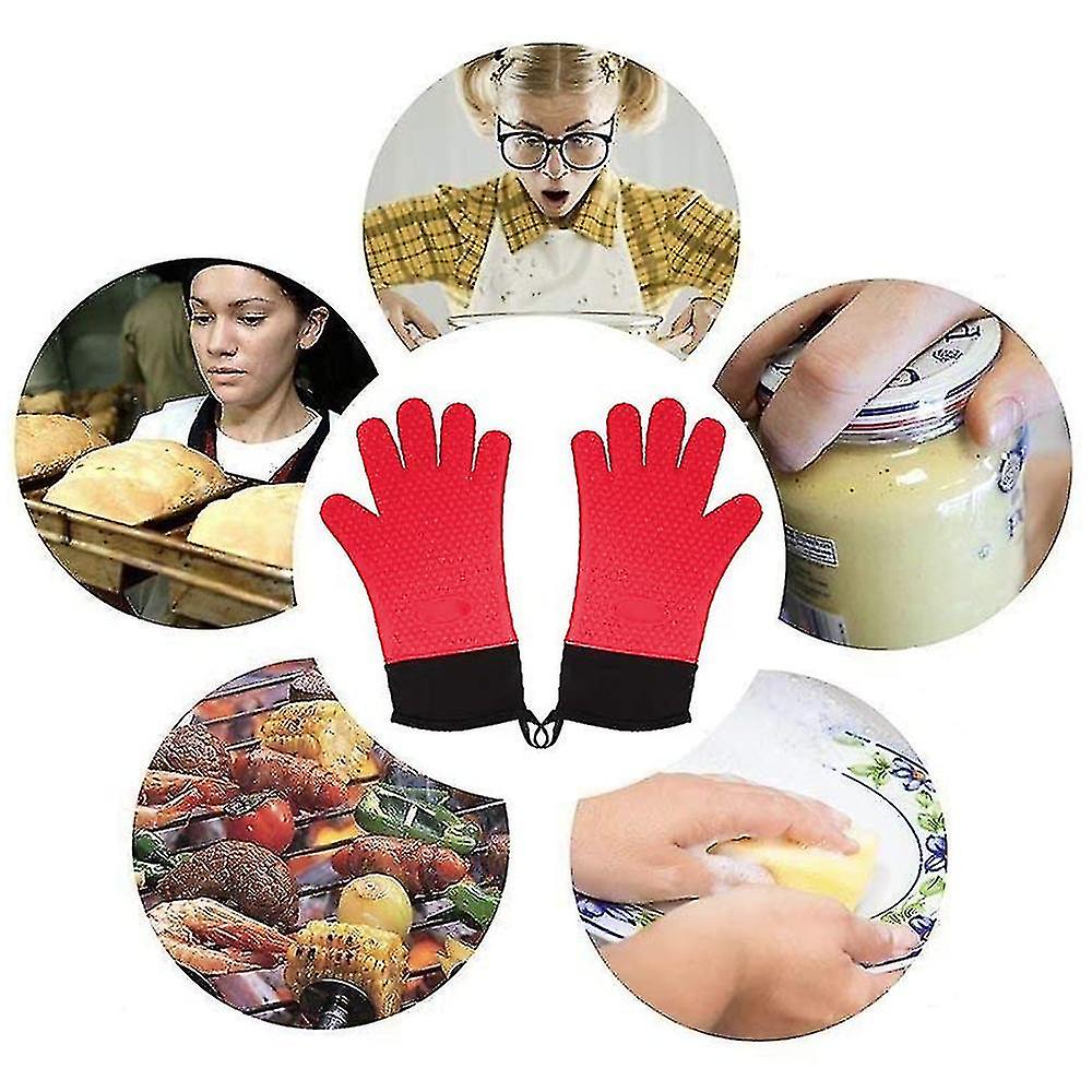 1pair Heat Resistant Gloves Silicone Grilling Gloves Oven Mitts，red