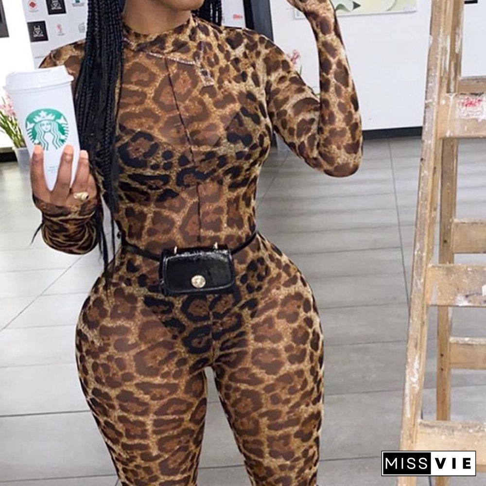 Fashion Round Neck Leopard Jumpsuit Women Long Sleeve Tight Fitness Zipper Jumpsuit