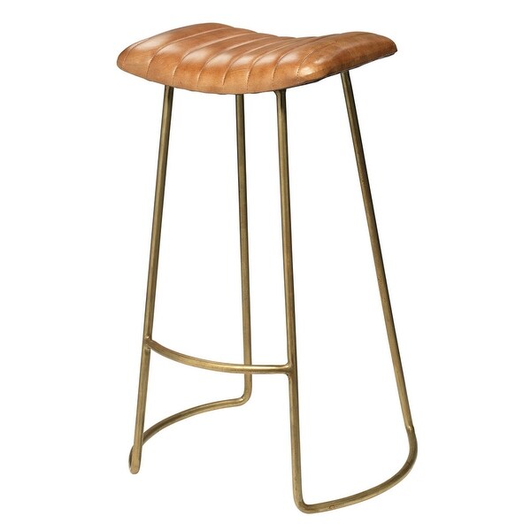 Bar Stool with Stitched Leatherette Seat， Gold and Brown