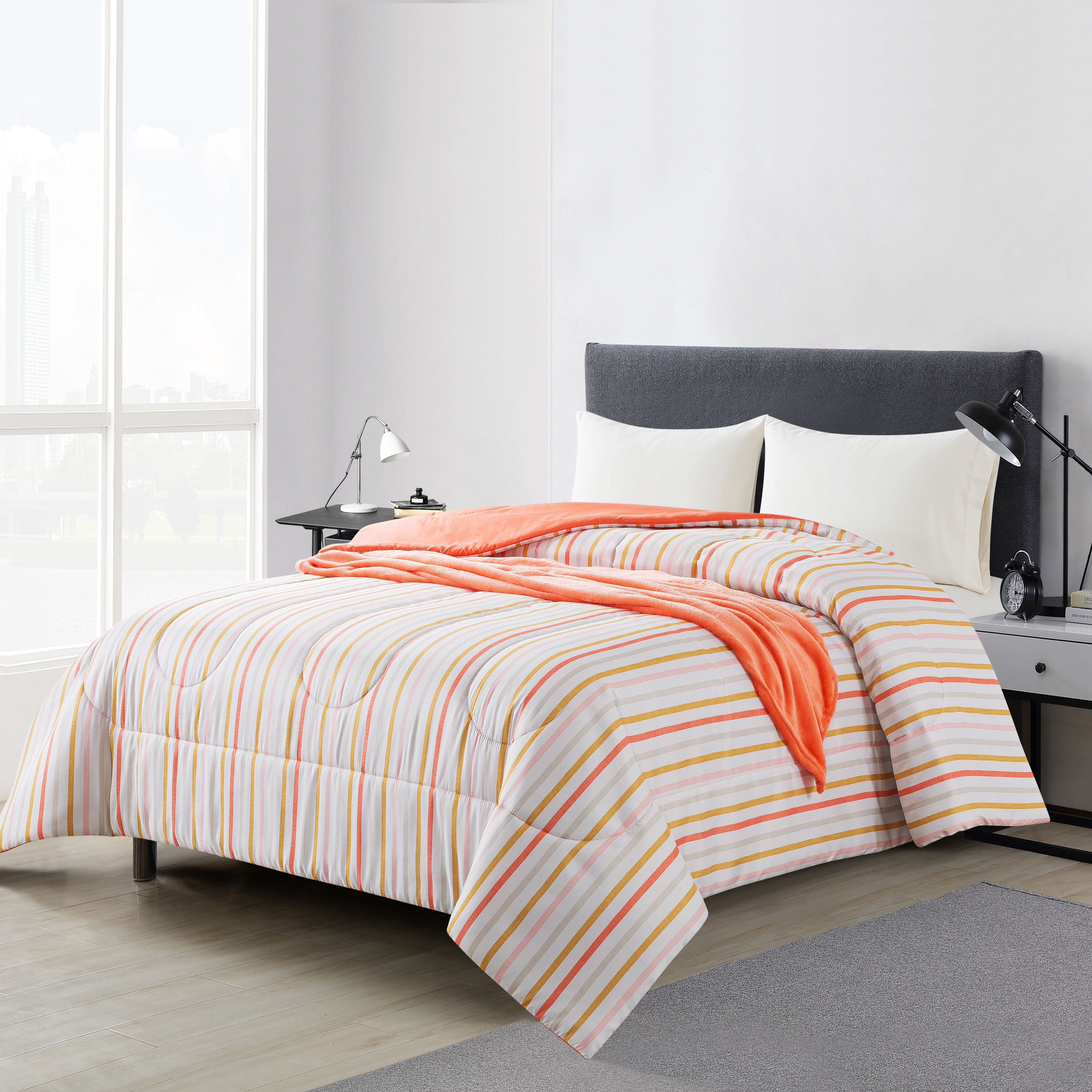 Mainstays Coral Stripe 4 Piece Bed in a Bag Comforter Set with Sheets and Plush Throw， Twin XL