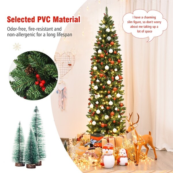 Gymax 7.5Ft PreLit Pencil Christmas Tree Hinged Artificial Slim Tree