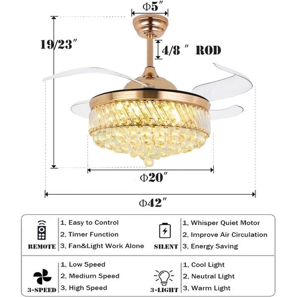 Crystal Ceiling Fan with Light Remote Control Chandelier Retractable Fandelier， Luxury 3 Color Lighting for Dining Room Shopping - The Best Deals on Ceiling Fans | 41540798