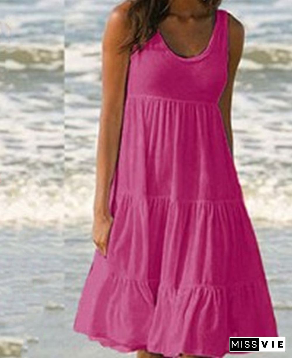 New Fashion Summer Women Casual Dress Round Neck Loose Big Swing Skirt Sleeveless Soild Color Beach Dress