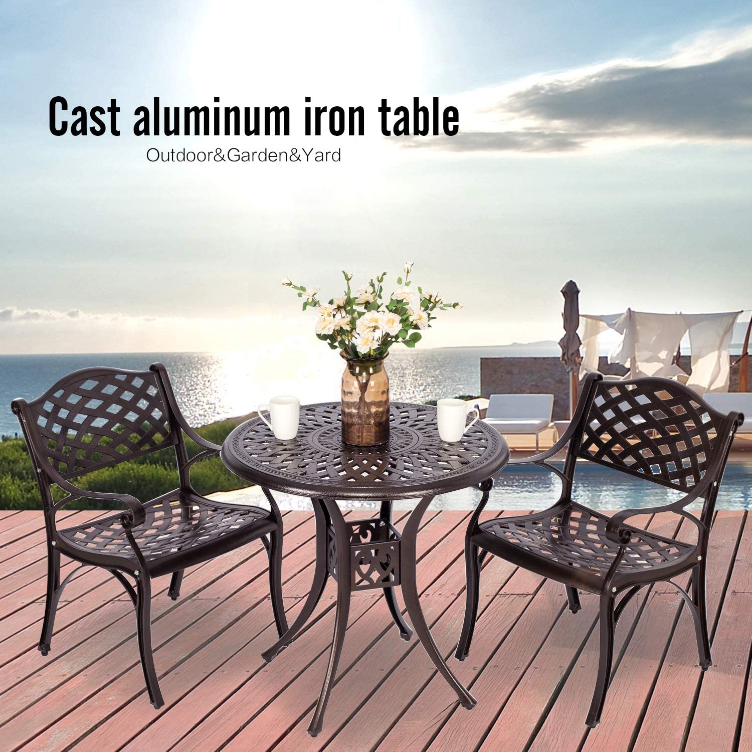 FULLWATT 35-inch Cast Aluminum Outdoor Dining Table Bronze Finish Outdoor Furniture Garden Table with 2" Umbrella Hole (35-inch)