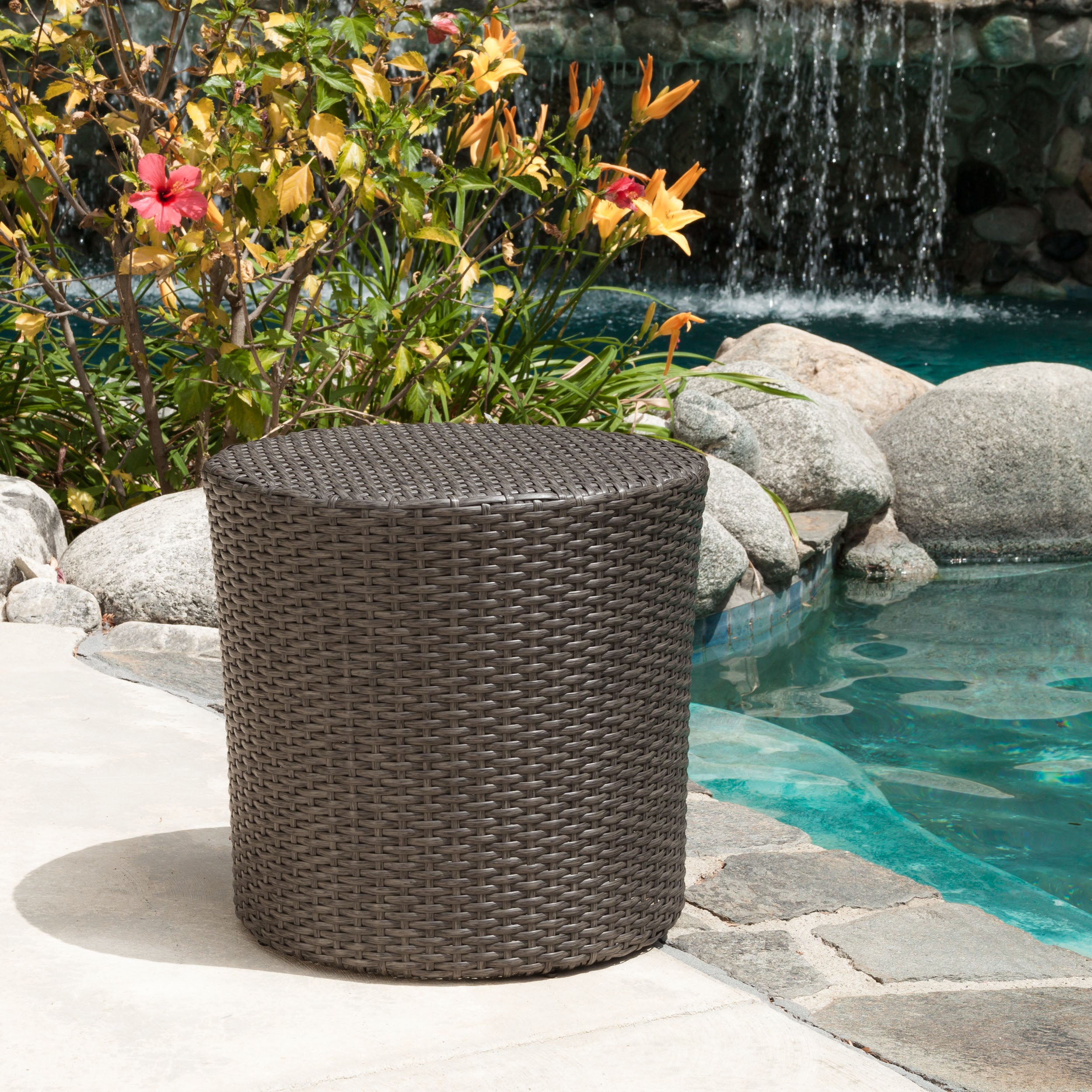 Overton Outdoor Dark Grey Wicker Barrel Side Table