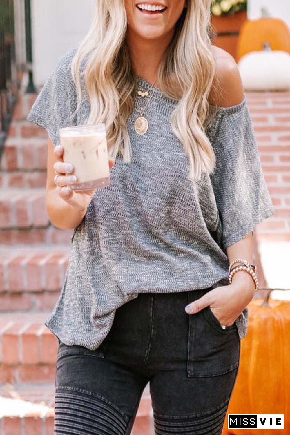 Gray Loose Slouchy Knitted Raglan Sleeves T-shirt