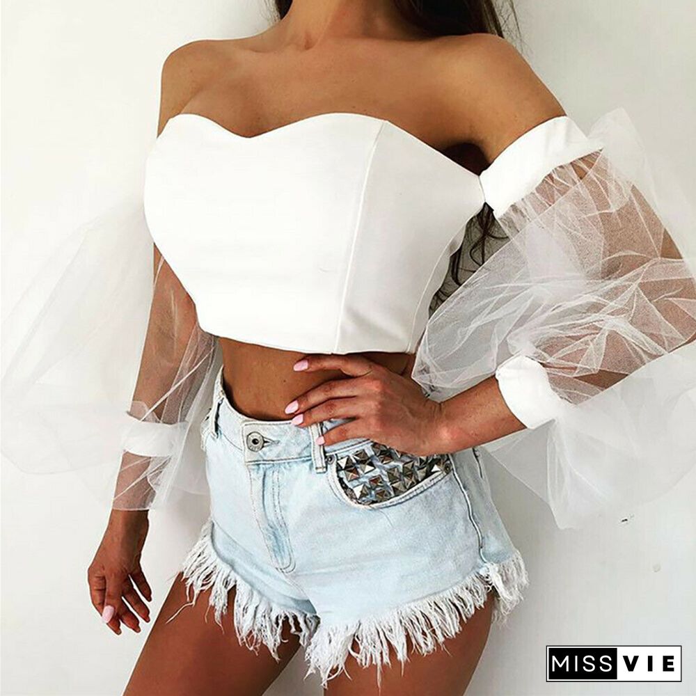 Women Crop Tops Causal Sheer Mesh Sheer Off Shoulder Crop Top T-shirt Puff Sleeve Shirts Lace Solid Color Tanks Tops T Shirt