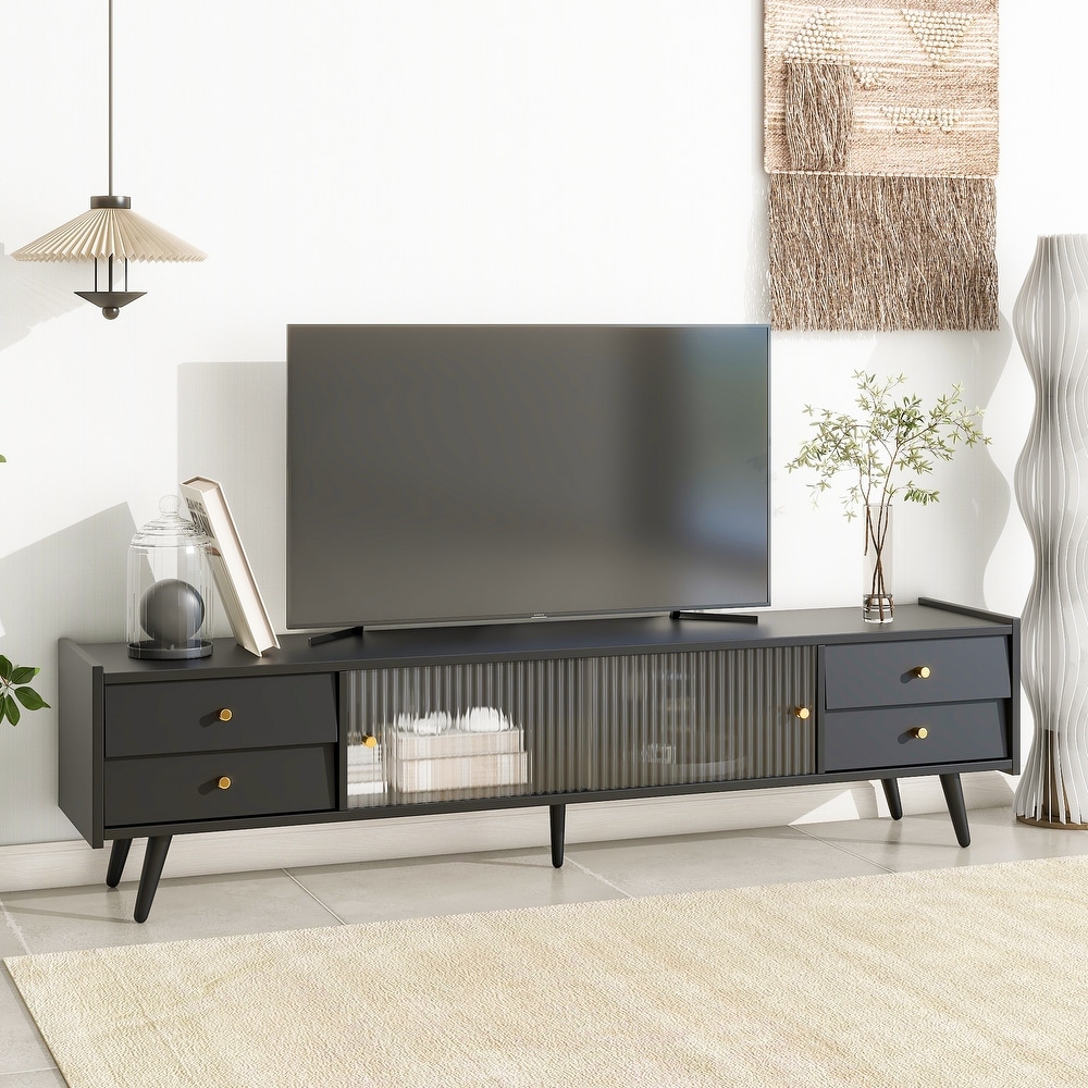 TV Stand with Sliding Fluted Glass Doors  Slanted Drawers Media Console for TVs Up to 70\