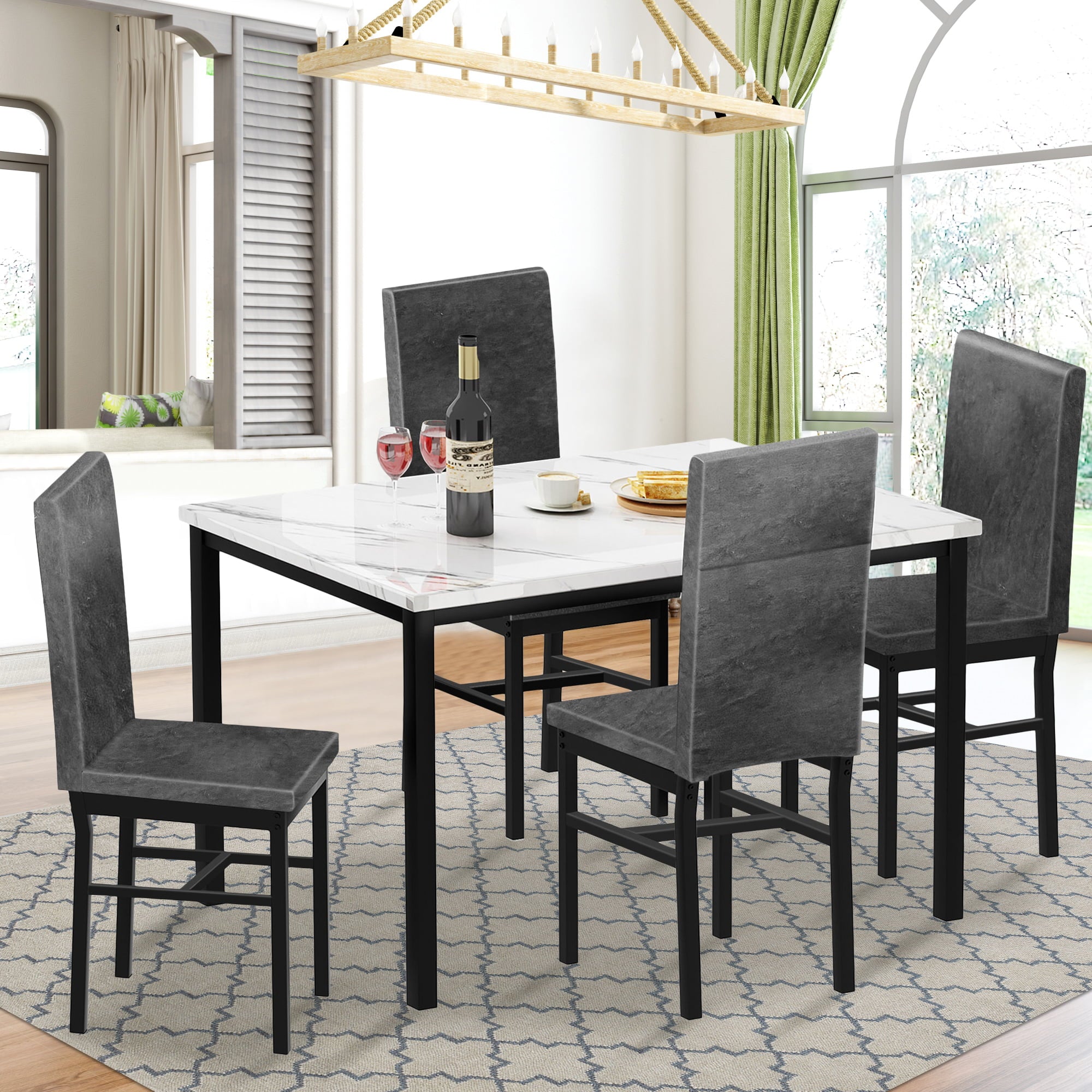 paproos Dining Table Set for 4, Modern 5-Piece Kitchen Table Set with Marble Top and Faux Leather Upholstery Chairs, Heavy Duty Dinette Sets for Breakfast Nook, Dining Room Table and Chairs, Gray