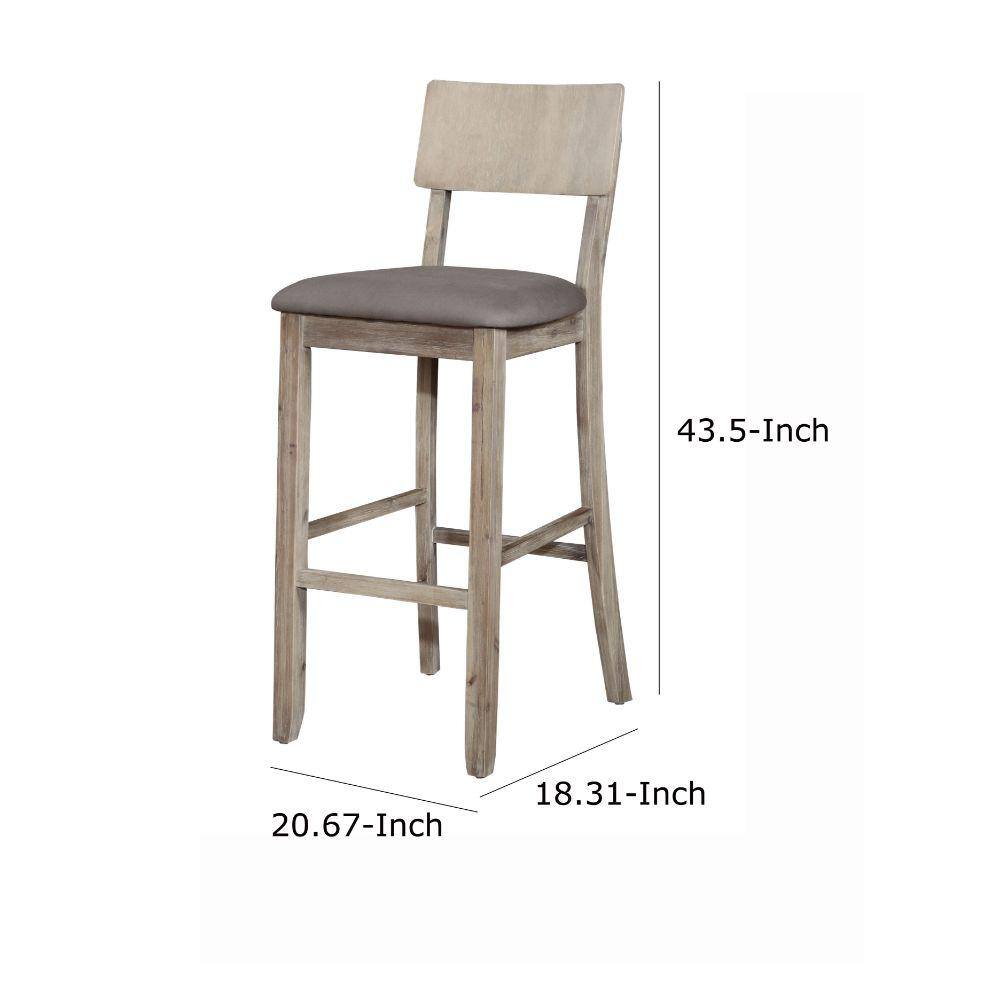 Benjara 43.5 in. H Gray Washed Wooden Bar Stool with Curved Backrest and Padded Seat BM143905