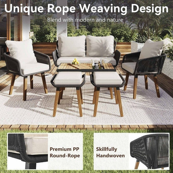 6 PCS Rope Outdoor Patio Furniture Set for 6 with Two Stools，Cool Bar Table Combo