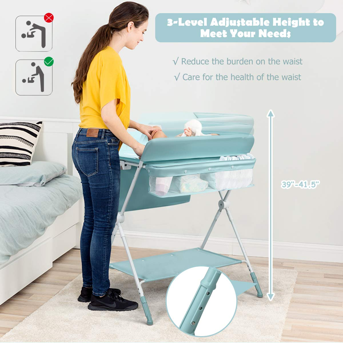 BABY JOY Baby Changing Table, Height Adjustable 4 in 1 Folding Diaper Station w/Detachable Wheels