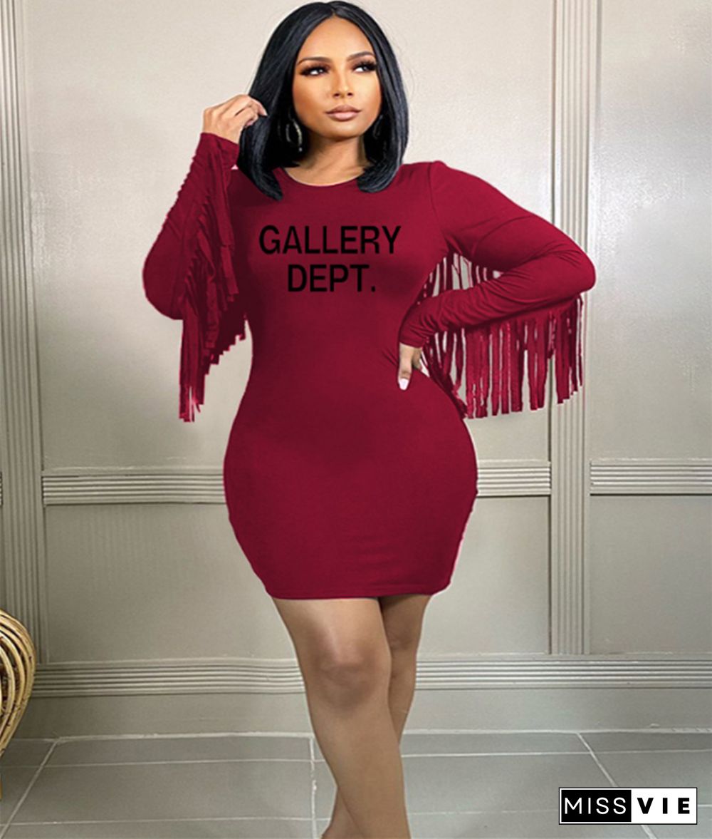 Plus Size Long Sleeve Tassel Splicing Bodycon Dresses