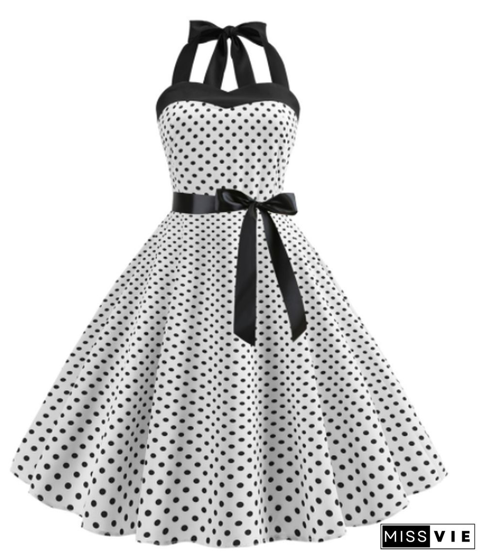 Women Polka Dot Print Summer Dress Sexy Retro White Black Halter Vintage Dress Robe Femme Pin Up 50S 60s Rockabilly Party Dress