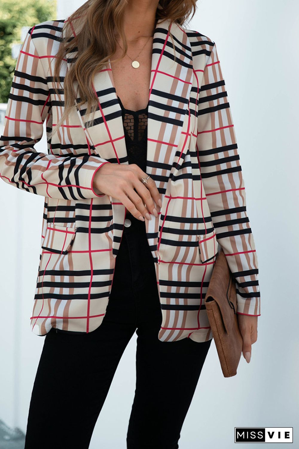 Plaid Open Front Long Sleeve Blazer Women Wholesale