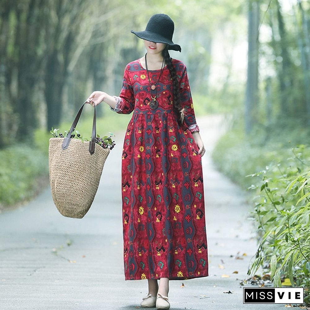 New Arrival Women's Fashion Clothing Spring and Autumn Folk Style Linen Defined Waist Loose Full Dress Printed Long Sleeve Dress