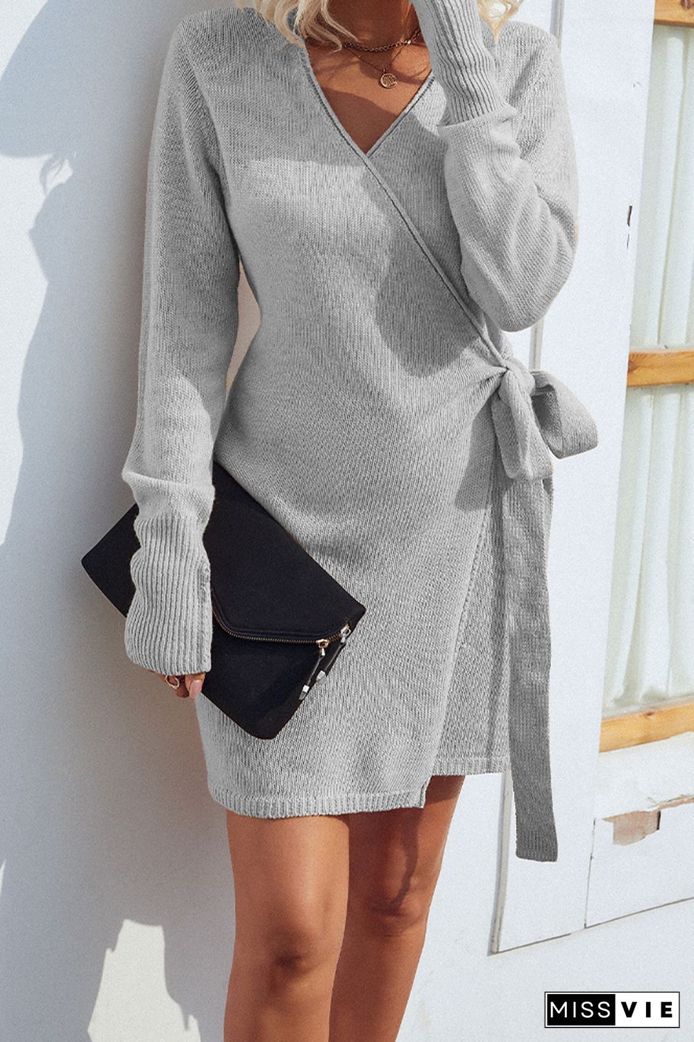 Long Sleeve Plain Waist Tie Split Sweater Dress