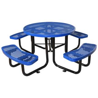 Afoxsos Blue Round Outdoor Steel Picnic Table Dining Table 46 in. with Umbrella Pole DJMX999