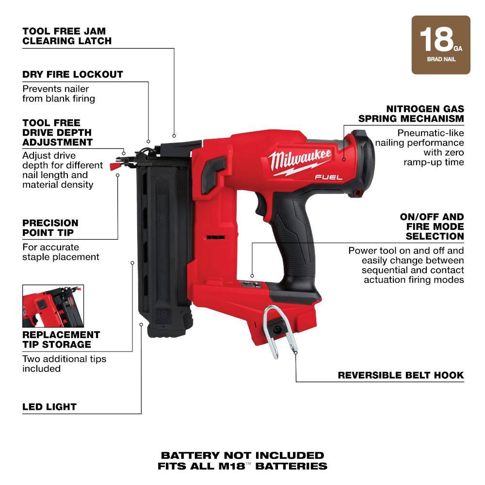 MW M18 FUEL 18V Lithium-Ion Brushless Cordless Combo Kit wM18 FUEL 18-Gauge Brad Nailer  2.0ah Battery 3697-22-2746-20-48-11-1820